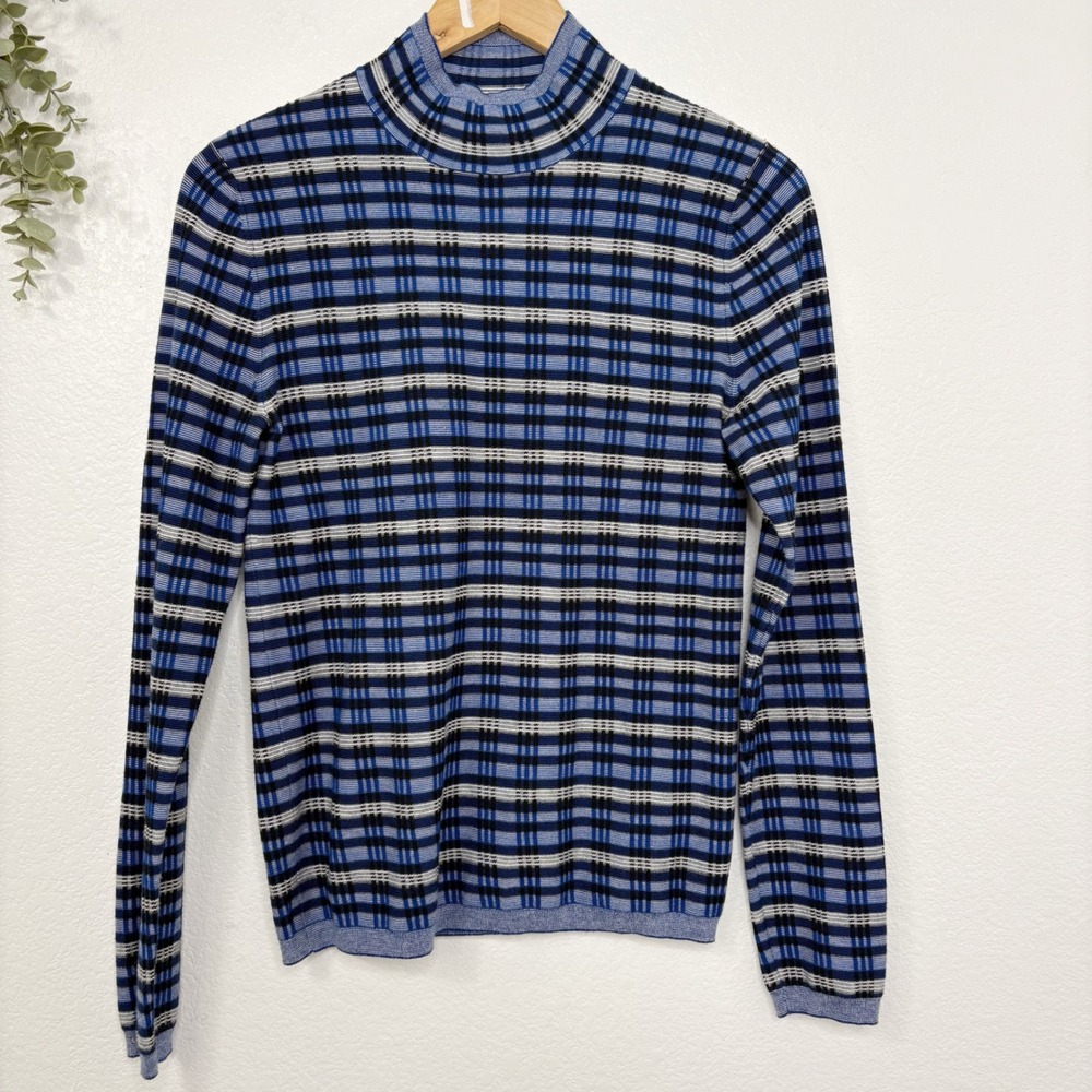 Pure Navy Blue Plaid Mock Neck Long Sleeve Knit‎ Top - Women's